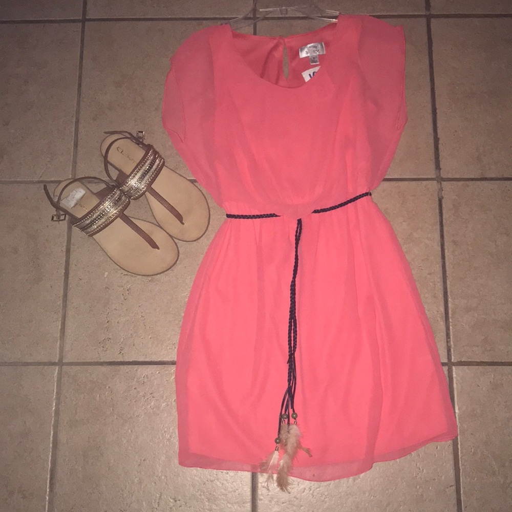 Coral pink dress w/ feather belt